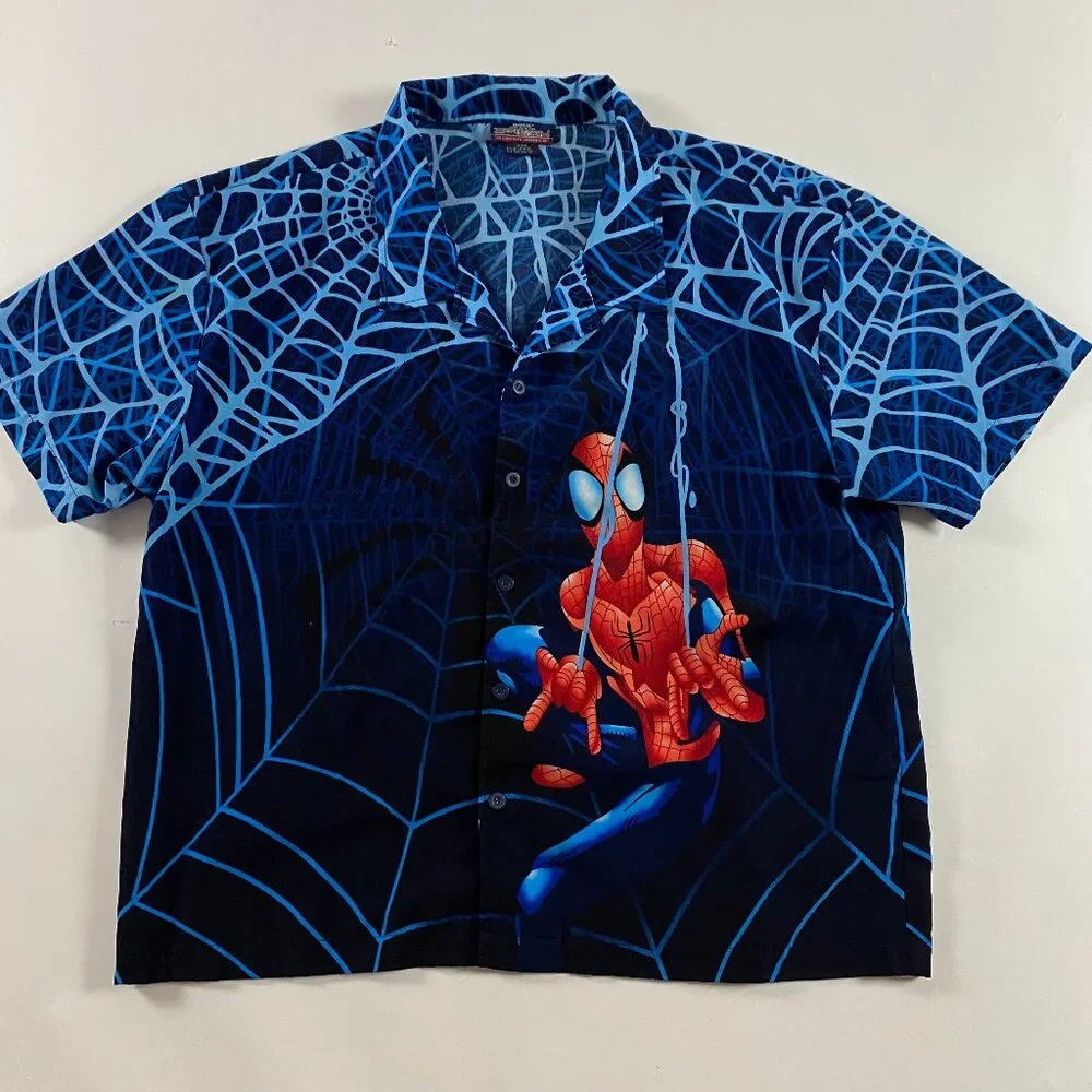 Vintage 2002 Spiderman Movie Promo Shirt Mens XL All Over Print Button Up Marvel - Picture 9 of 9